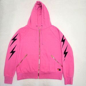 Aviator Nation Bolt Zip Hoodie Paris Pink Relaxed Medium Bolt sleeves gold zip